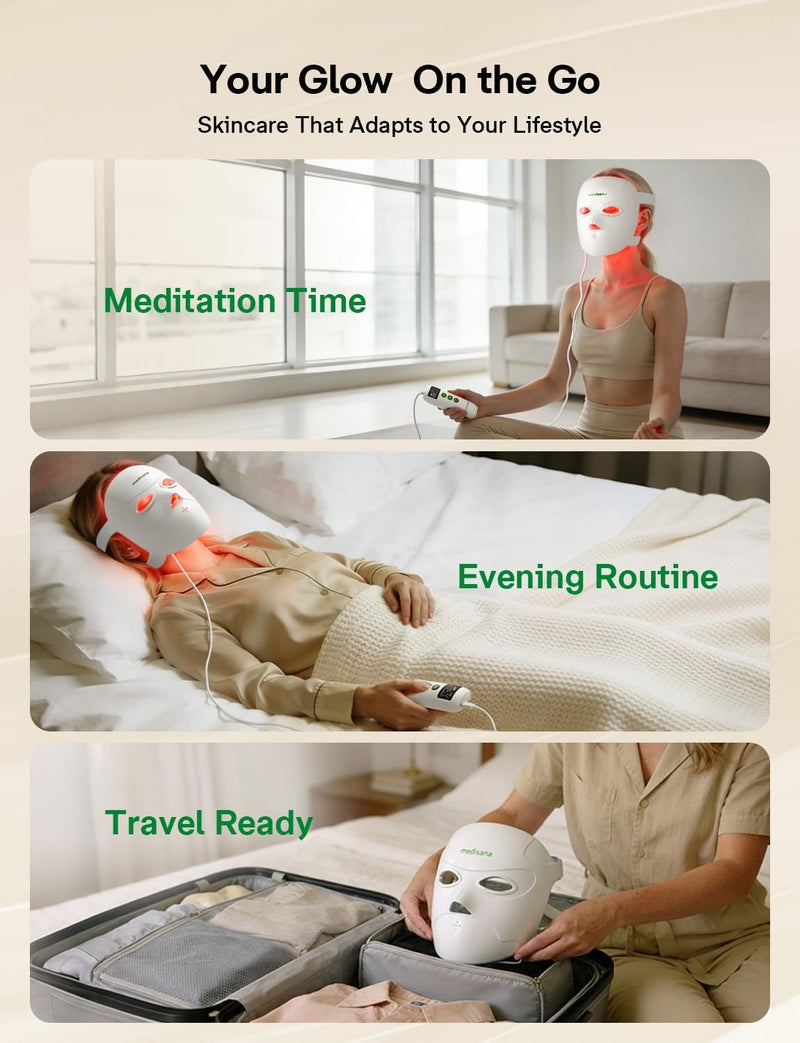 Medisana - Terapia de luz roja 3D para cara, 336 LED con 3 modos, NIR 830 nm, rojo 630 nm, azul 415 nm, diseño ergonómico de silicona 3D, máscara facial LED inalámbrica y recargable, regalos para el c
