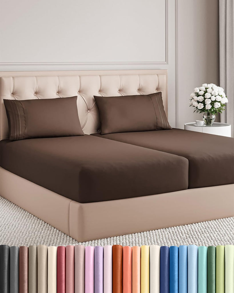 Split King Size 5 Piece Sheet Set - Breathable & Cooling Sheets - Brown