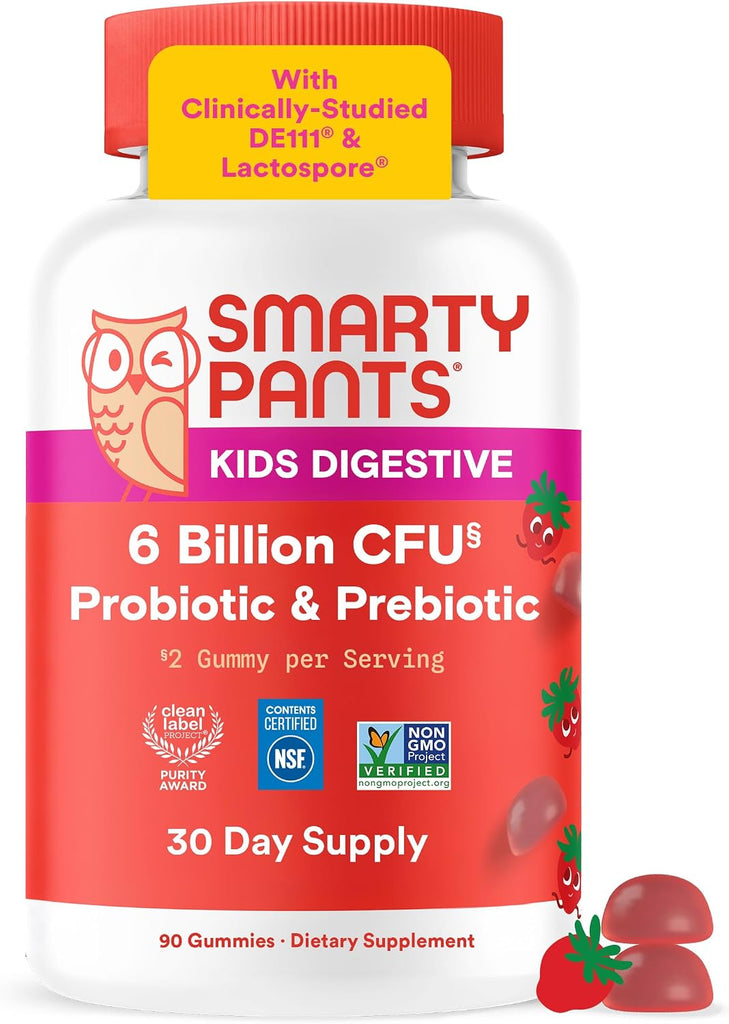 SmartyPants Kids Probiotic & Prebiotic Gummies for Digestive Health: Gut Health Supplement, Clinically Studied Prebiotic for Immune Support, Strawberry, 60 Count (30 Day Supply)