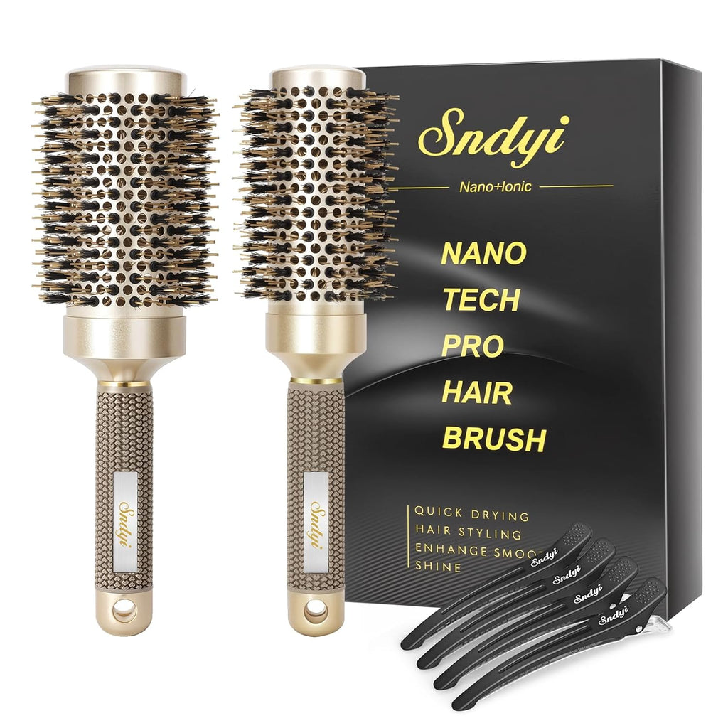 Sndyi Nano Thermal Ceramic & Ionic Tech Round Hair Brush with Boar Bristles, Professional Barrel Brush for Styling, Curl