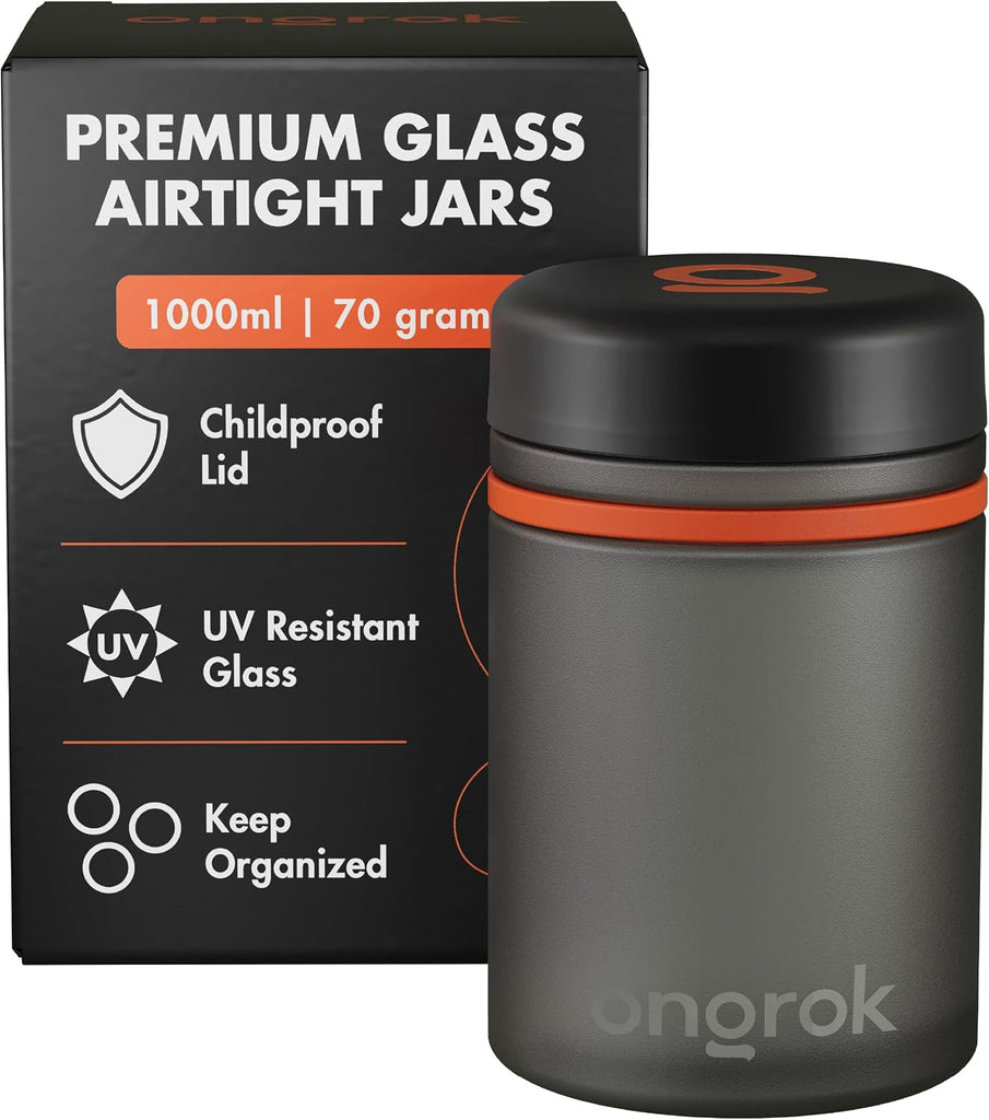 ONGROK Glass Storage Jar, 1L, Single Pack, UV Herb/Spice Jar with Child Resistant Lid, Color-Coded Glass Containers Air