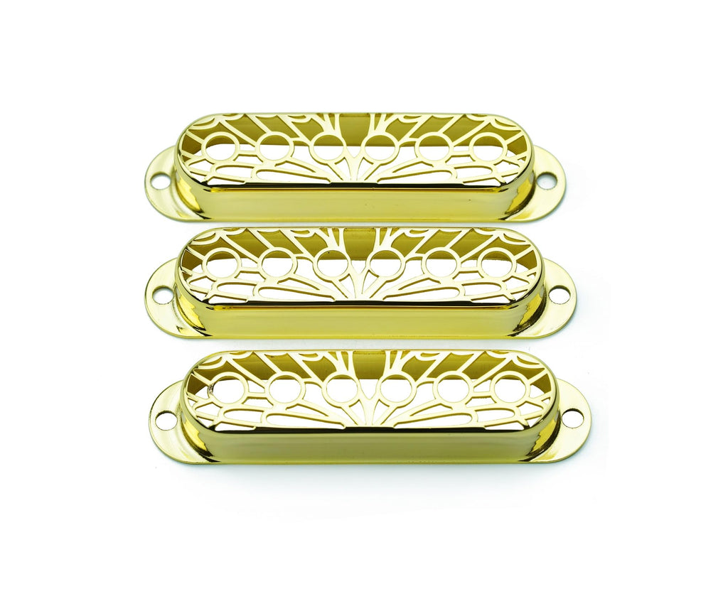 Guyker 3Pcs Single Coil Guitar Pickup Covers (52mm Pole Spacing), Copper Hollow Out Style Pickup Mounting Ring Set Guitar Accessories Replacement Part (PS005, Gold)