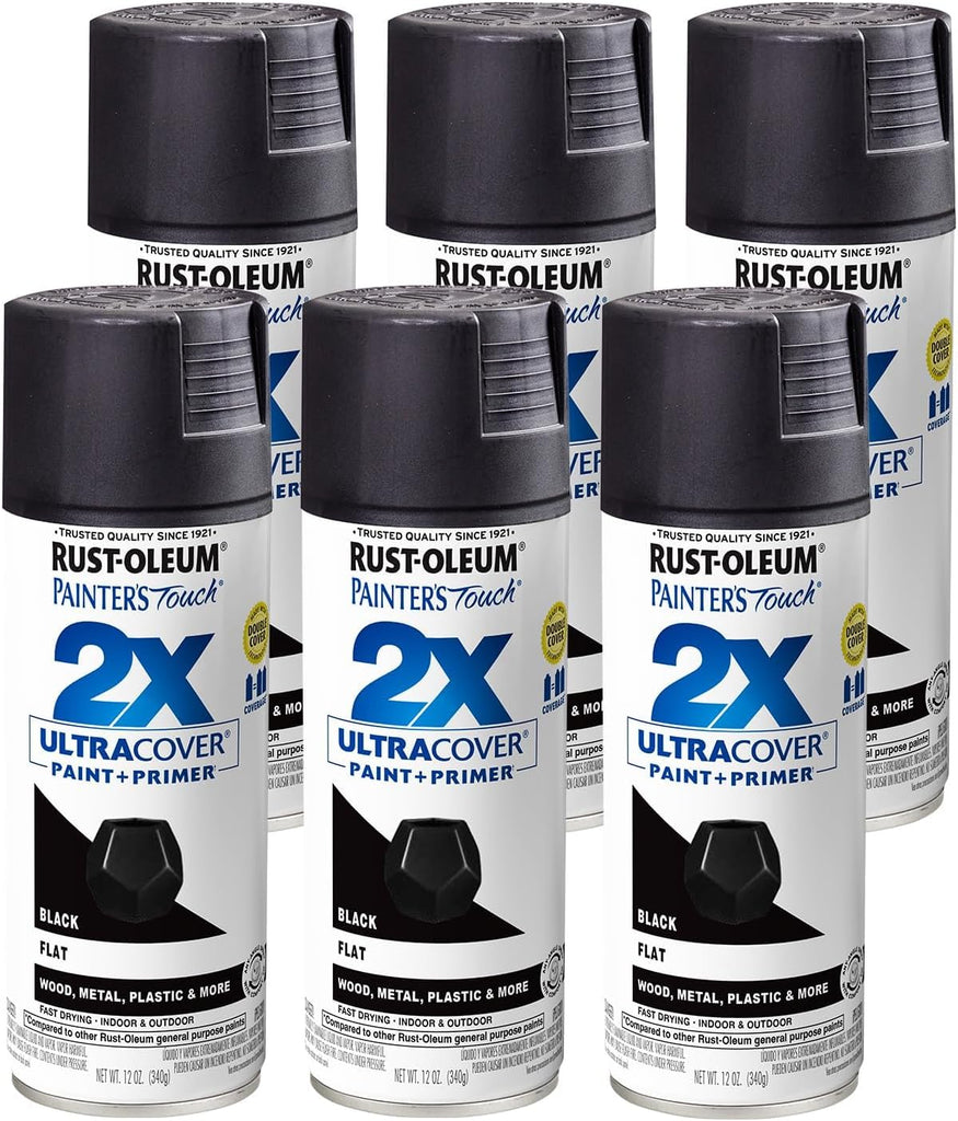 Rust-Oleum 334020-6PK Painter's Touch 2X Ultra Cover Spray Paint, 12 oz, Flat Black, 6 Pack