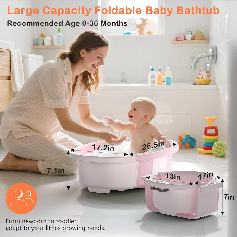 Spluvvly Bañera Plegable Grande para Bebé con Termómetro y Cojín Rosada
