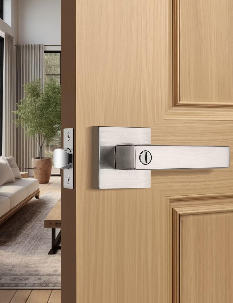 Tinewa Privacy Square Brushed Nickel Door Handles Interior, Keyless Door Knobs for Bedroom/Bathroom, Reversible for Left