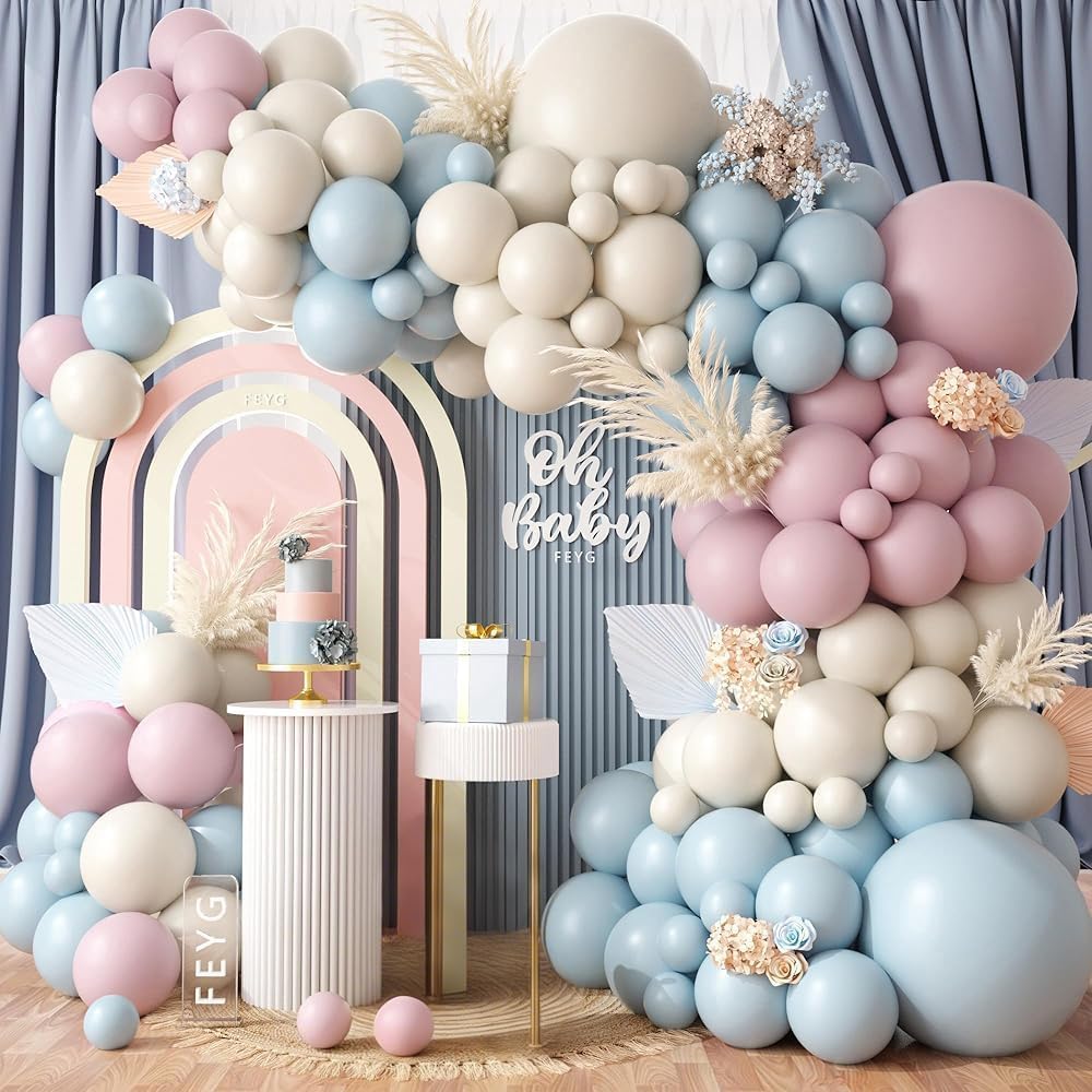 Gender Reveal Balloon Garland Arch Kit, Dusty Pink Blue Nude Boho Balloons