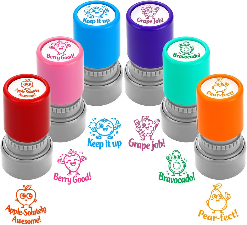 6Pcs Fruit Teacher Stamps for Classroom, Self Inking Grading Stamps Set