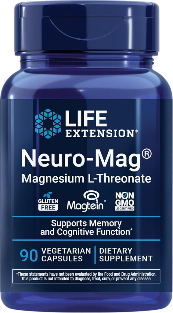 Life Extension Neuro-Mag Magnesio L-treonato, Salud de la Memoria, Pensamiento Rápido, Apoyo a la Salud Cognitiva, Vegetariano, Sin GMO, 90 Cápsulas Vegetarianas (144 mg de 2000 mg de Magtein magnesio