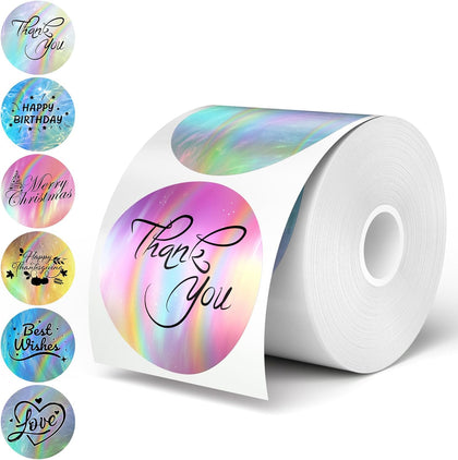 FLYQGGO 2-Inch Round Holographic Thermal Sticker Labels, with Rainbow Wave and Glitter Deign, Suitable for Every Tags, Custom DIY Logo Applications, 6 Colors (300Pcs/Roll)