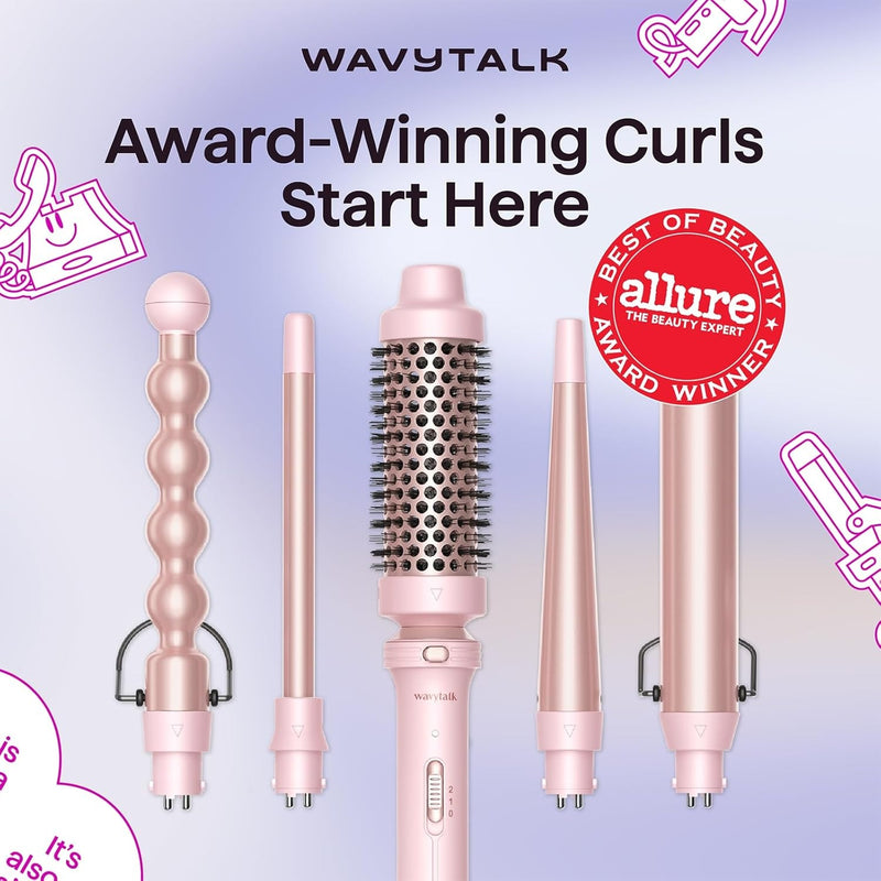 Wavytalk Rizador 5 en 1, Juego de Rizador con Cepillo Rizador y 4 Varitas Rizadoras de Cerámica Intercambiables (0.5"-1.25"), Calentamiento Instantáneo, Incluye Guante Protector de Calor y 2 Clips