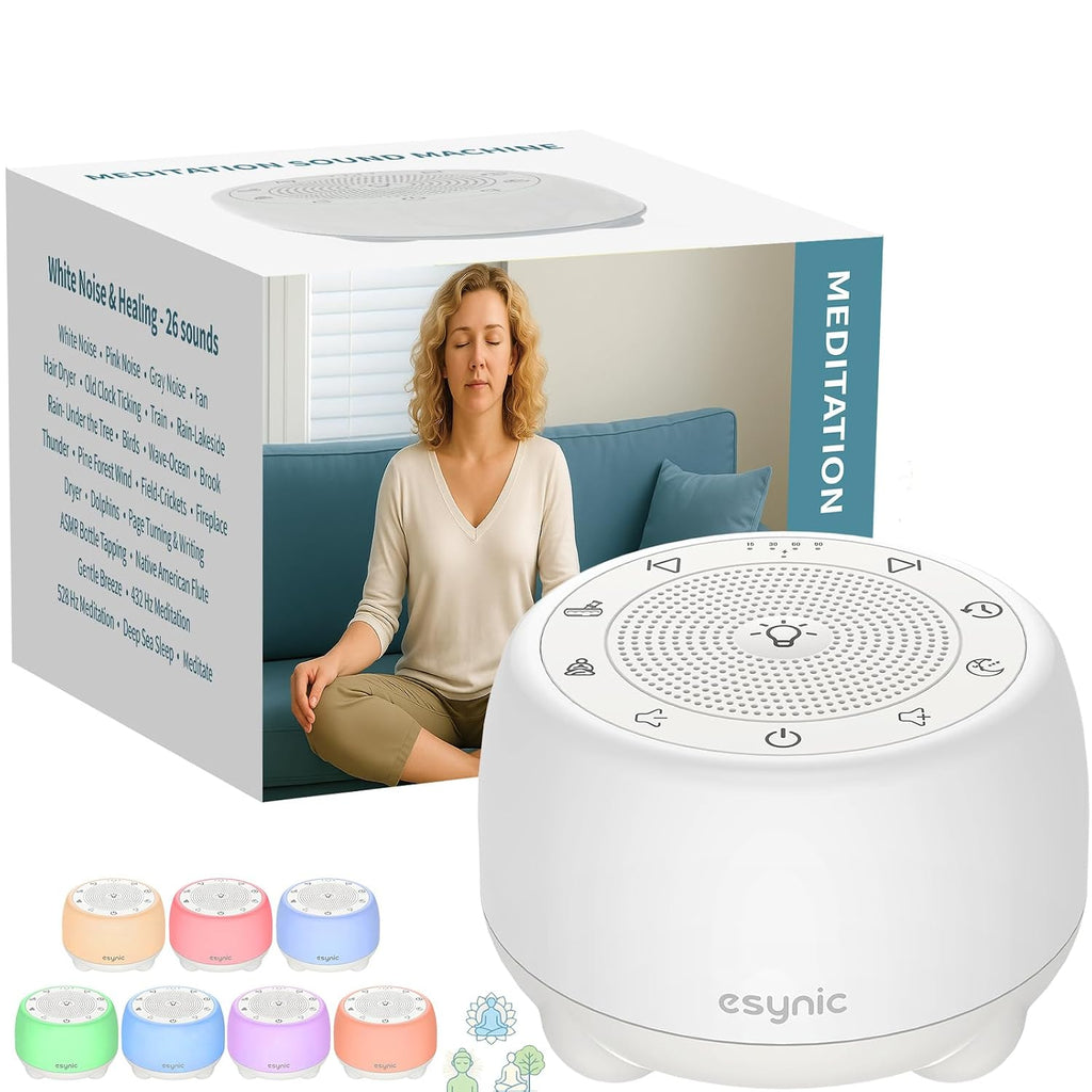 eSynic Portable Tibetan Singing Bowl Electronic-38 Sounds Rechargeable White Noise Machine with 7 Lights & 30h playback-