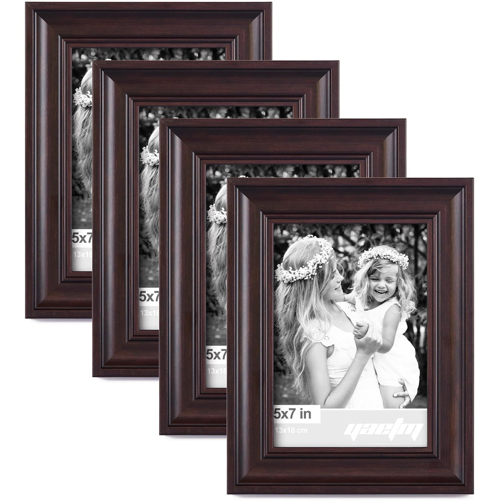 Yaetm 5x7 Picture Frame Set of 4, 1.4” Wide Molding & Dark Brown Photo Frames 5 x 7 with HD Tempered Glass, Display on T