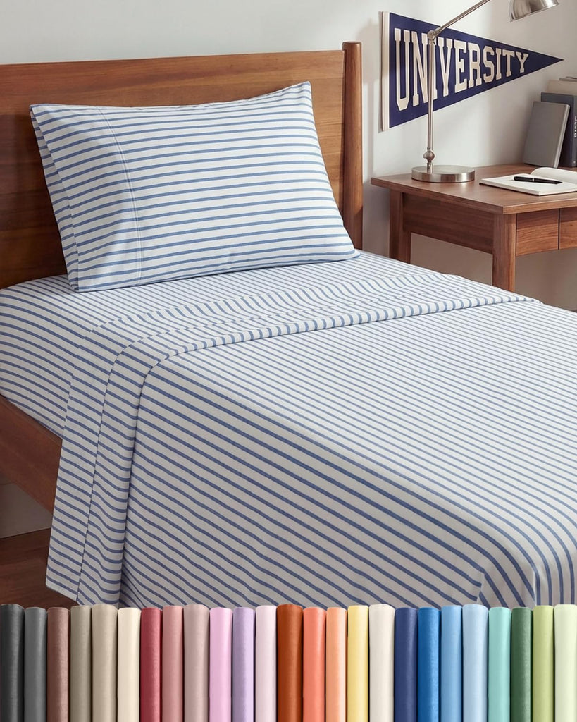 Twin XL 3 Piece Sheet Set - College Dorm Room Essentials - Blue Stripes