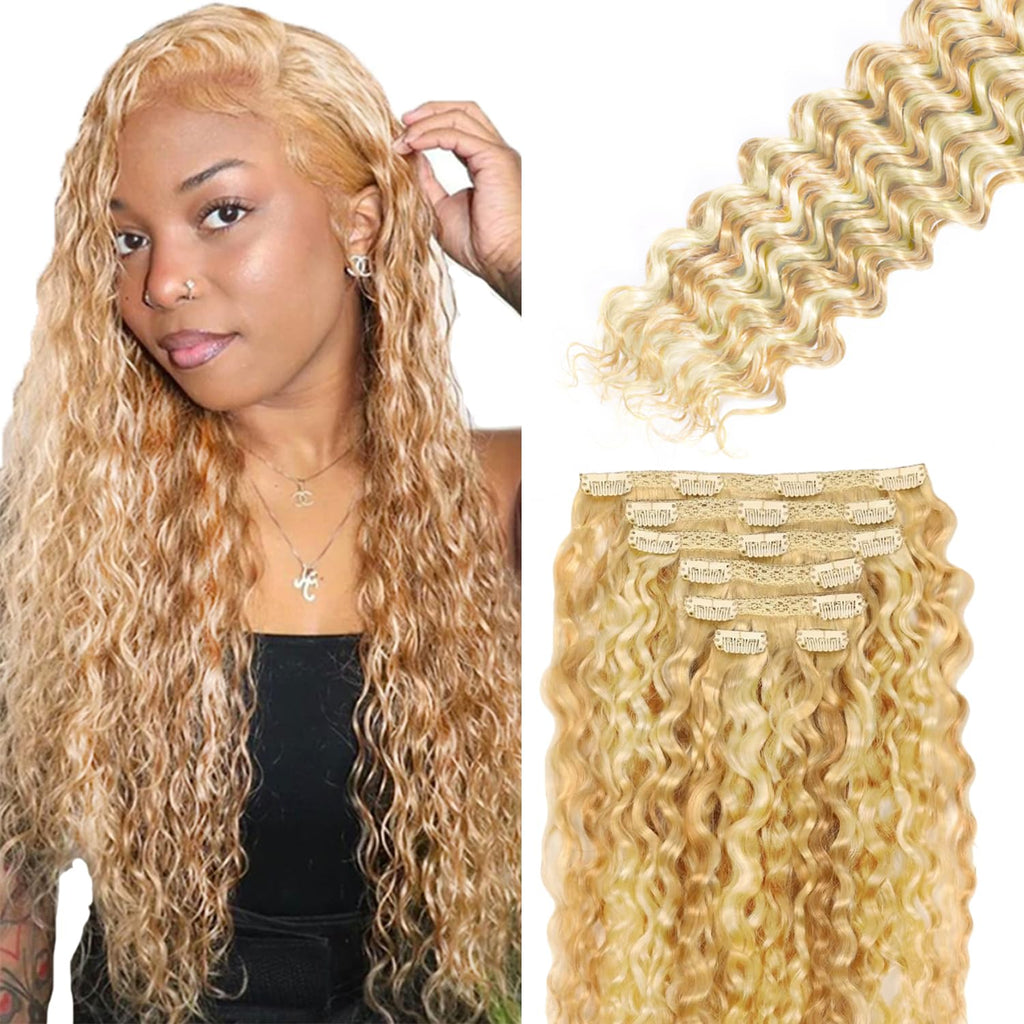 26 Inch P27613 Blonde Clip in Hair Extensions,Soft Real Human Hair 120g 7pcs,Brazilian Remy Clip ins for Women,Honey Blo