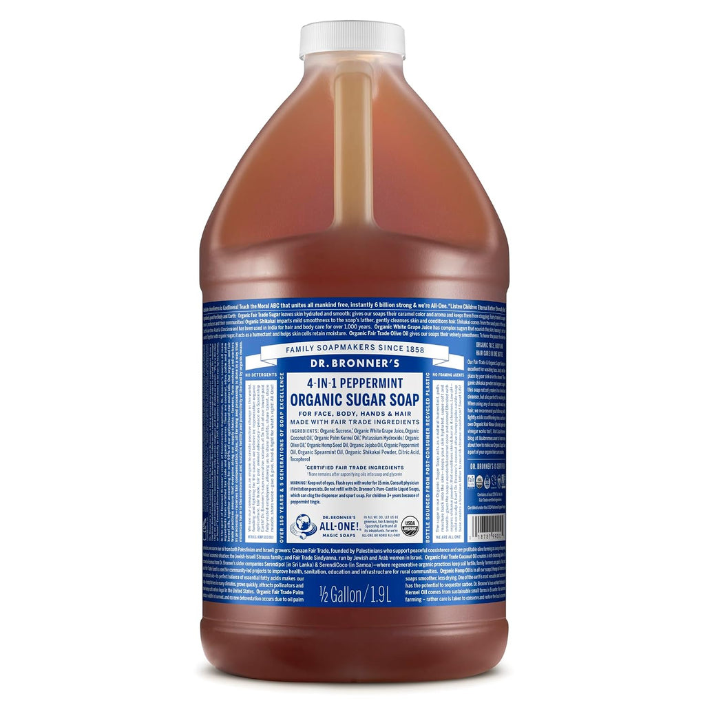 Dr. Bronner's Organic Sugar Soap (Peppermint, 64 Ounce)- Made with Organic Oils, Sugar & Shikakai Powder, 4-in-1 Uses: H