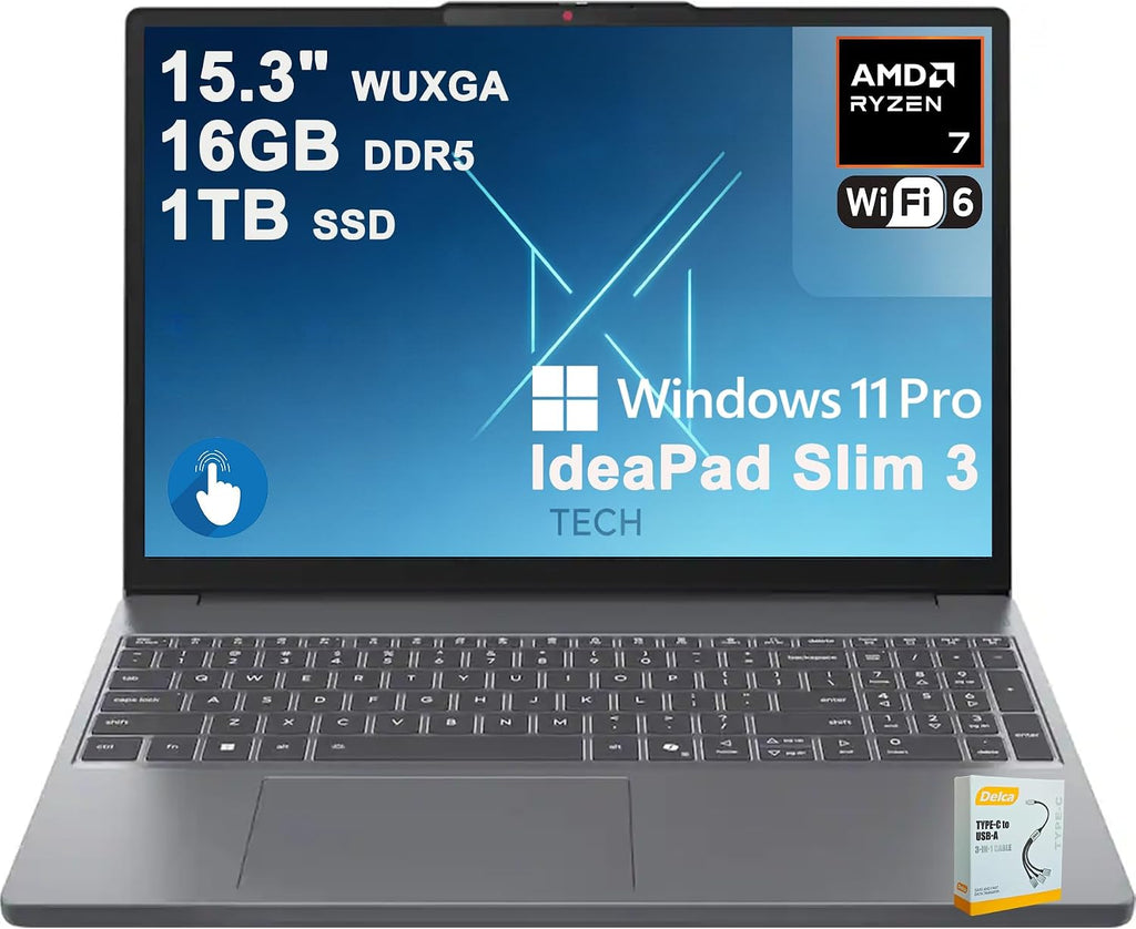 Lenovo IdeaPad Slim 3 Business Laptop | 15.3" WUXGA IPS Anti-Glare Touchscreen | AMD 8-core Ryzen 7 170 | 16GB DDR5 1TB