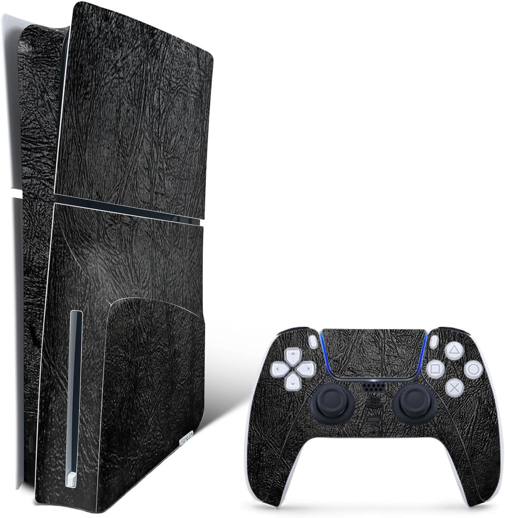 MightySkins Skin Compatible with Playstation 5 Slim Disk Edition Bundle - Black Leather | Protective, Durable, and Uniqu