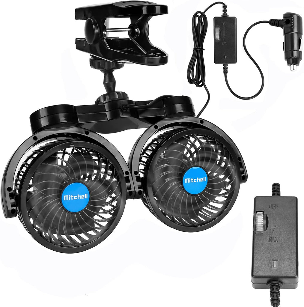 Hynoo 12V Car Clip Fans, Adjustable Dual Head Clip Fan 360° Rotatable Cooling Air Fan, 4'' Electric Auto Car Fans with C