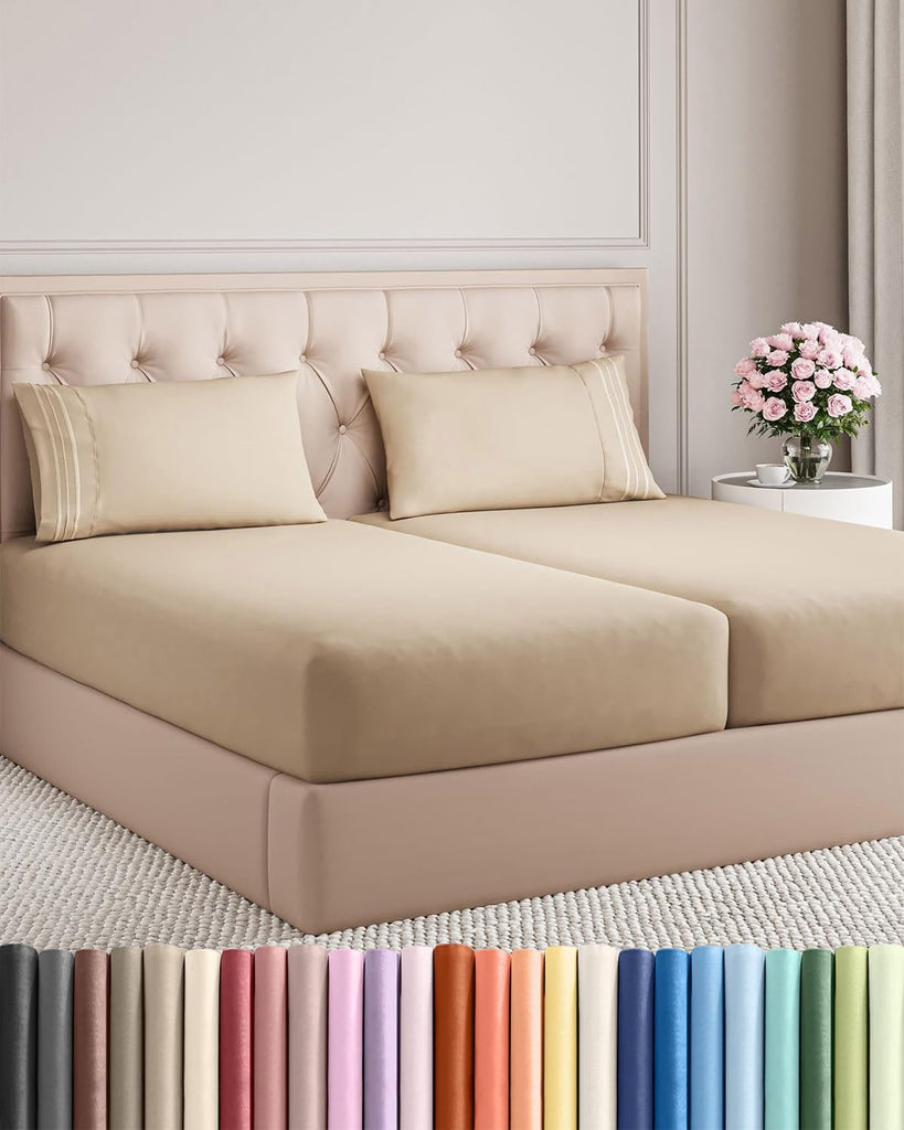 Split King Size 5 Piece Sheet Set - Breathable & Cooling Sheets - Cream