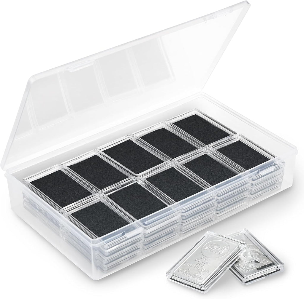 1 oz Silver Bar Case Holder, 40Pcs Individual Clear Rectangle Capsules with 1 Pack Acrylic Storage Box Container for 1 O