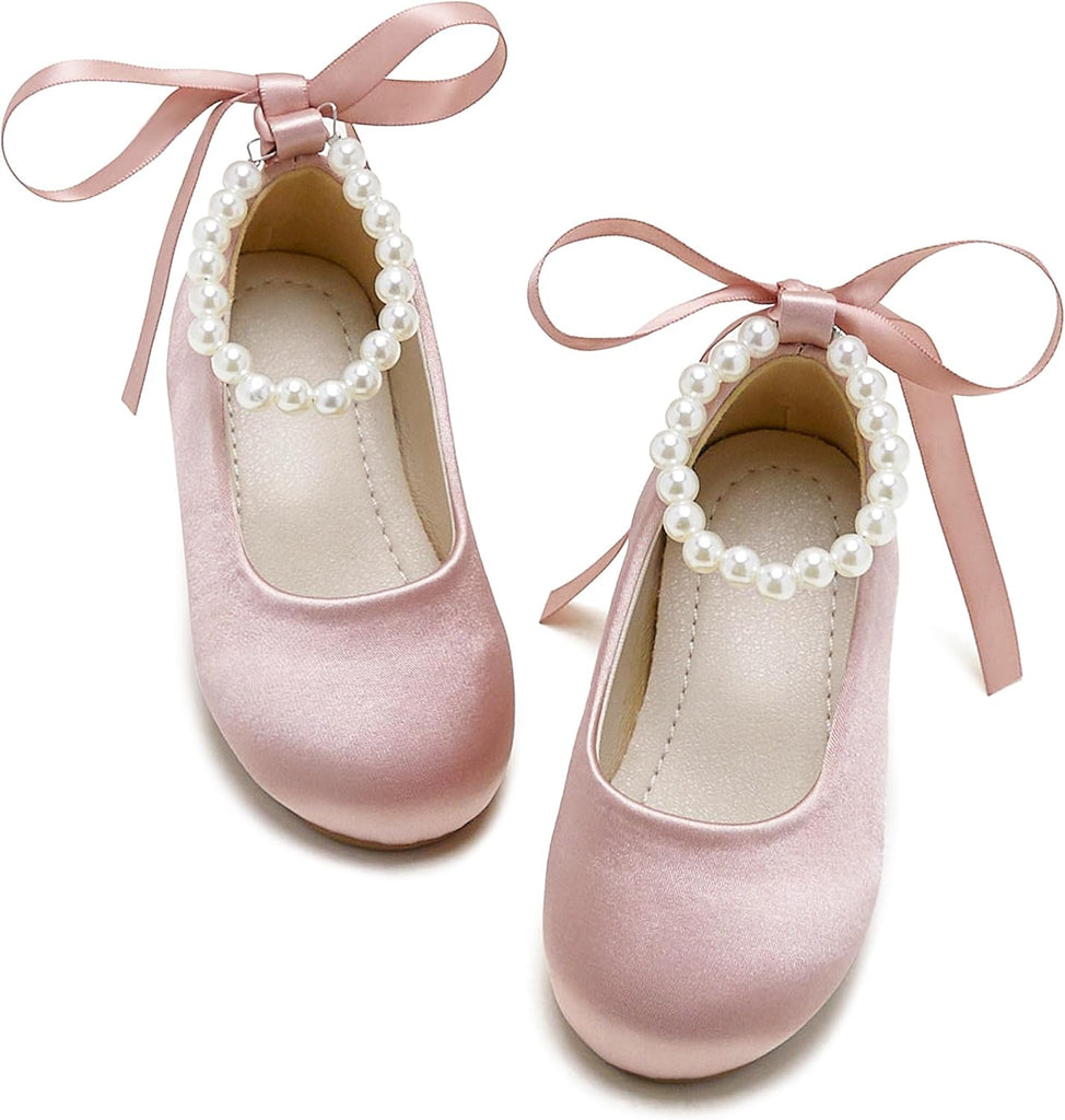 PHIRAMIN Toddler Flower Girl Satin Pink Dress Shoes - Little Girl Ballet Flats Size 7 Pearl Wedding Party