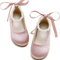 PHIRAMIN Toddler Flower Girl Satin Pink Dress Shoes - Little Girl Ballet Flats Size 7 Pearl Wedding Party