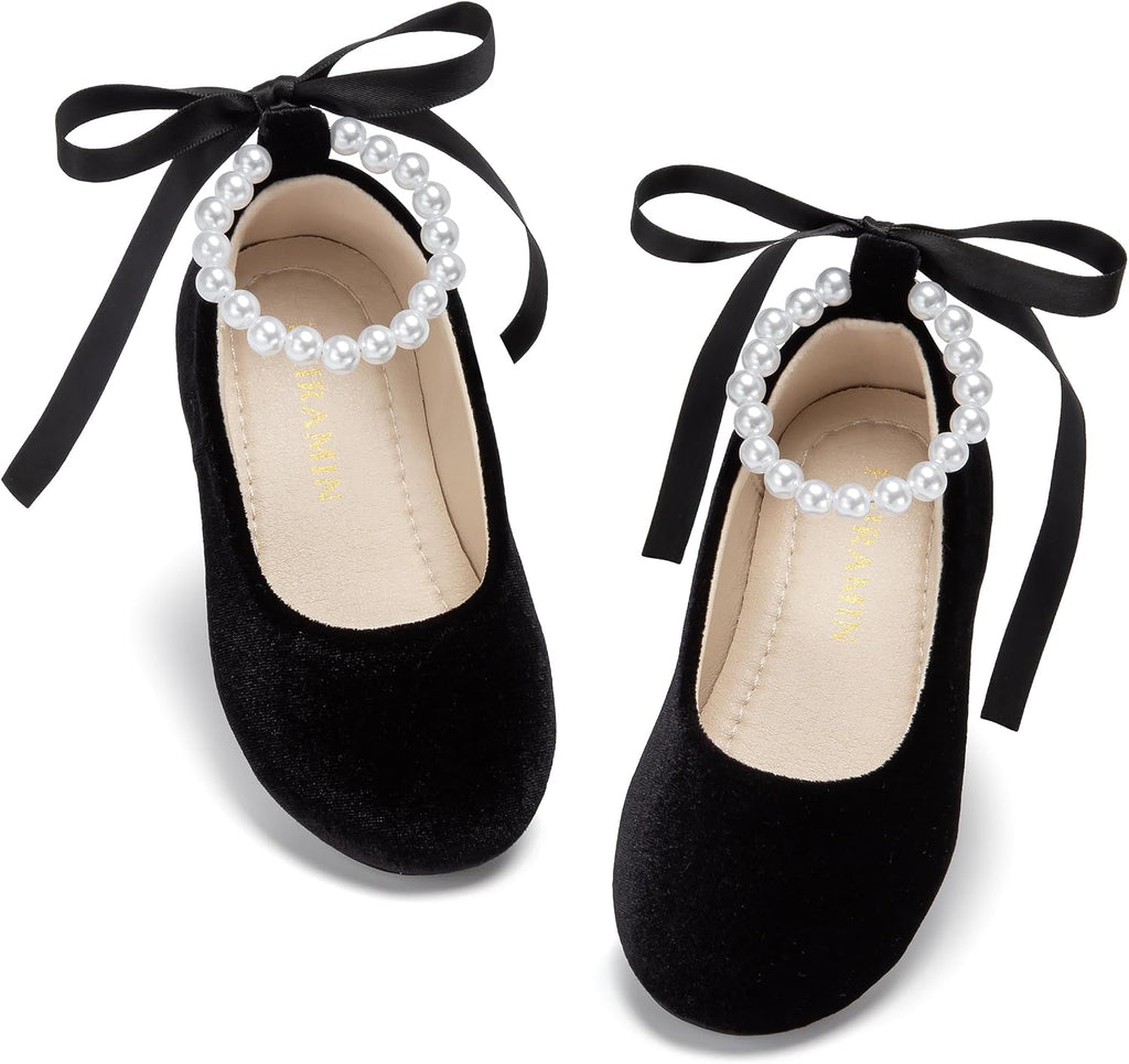 PHIRAMIN Toddler Flower Girl Velvet Black Dress Shoes - Little Girl Ballet Flats Size 7 Pearl Wedding Party