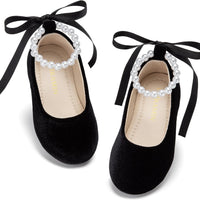 PHIRAMIN Toddler Flower Girl Velvet Black Dress Shoes - Little Girl Ballet Flats Size 5 Pearl Wedding Party