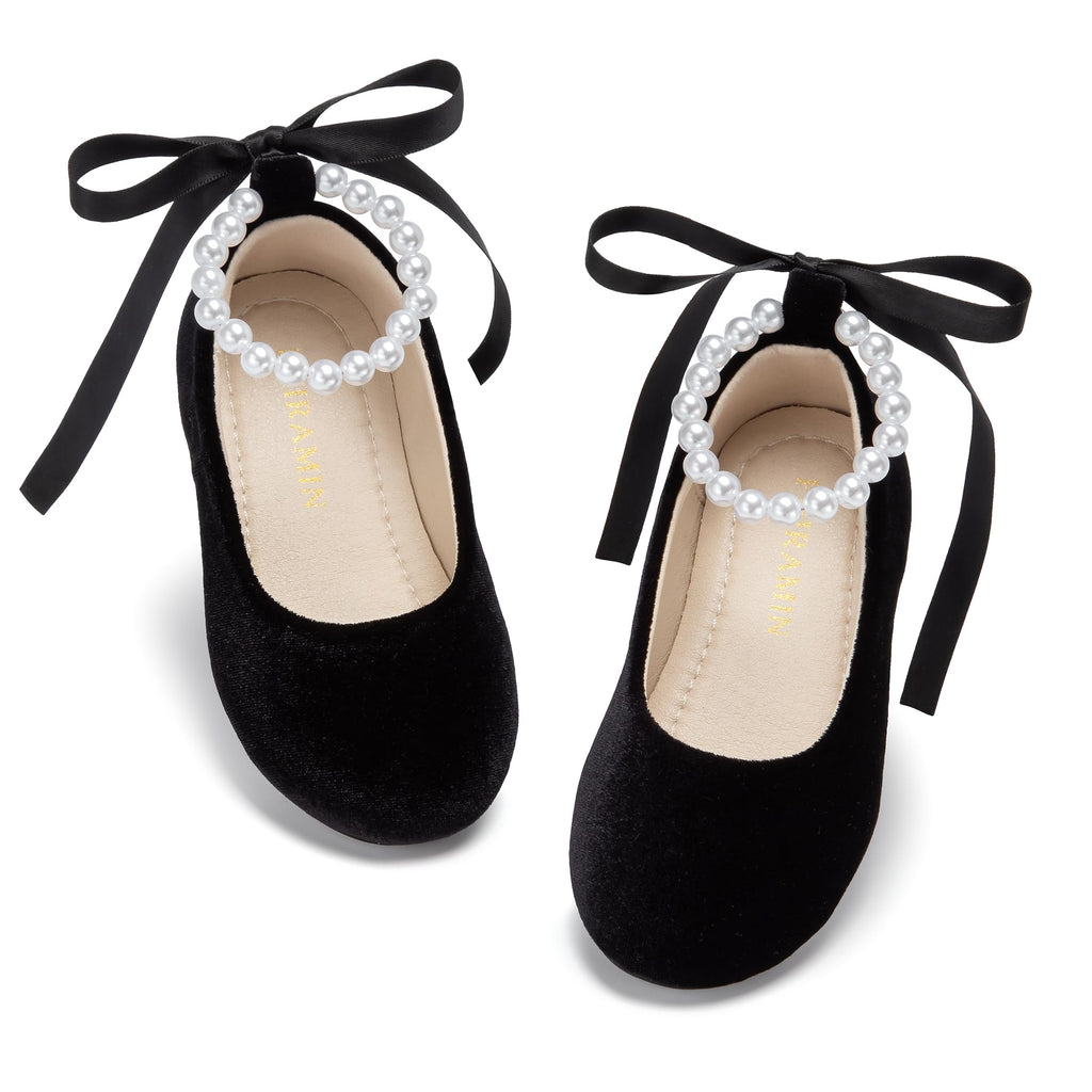 PHIRAMIN Toddler Flower Girl Velvet Black Dress Shoes - Little Girl Ballet Flats Size 9 Pearl Wedding Party