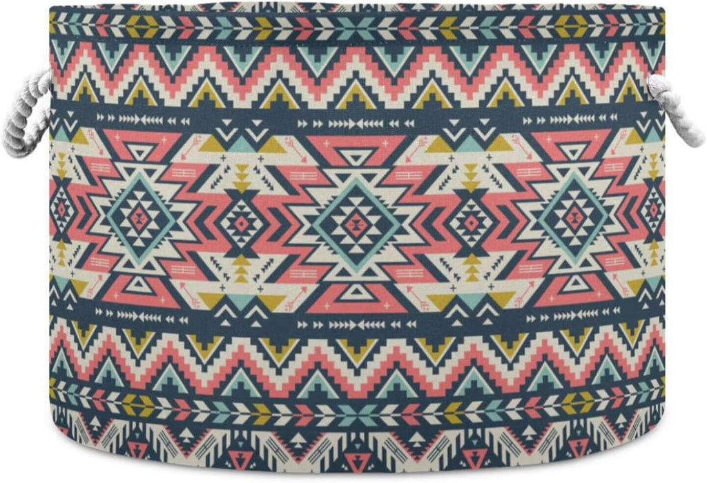 LEANSHSA Pink Aztec Print Collapsible Round Storage Basket with Handles