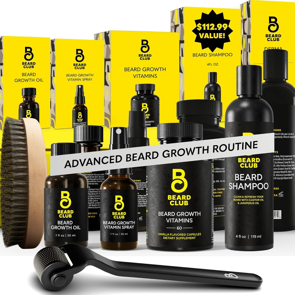 The Beard Club Advanced Beard Growth Kit - Derma Roller, Growth Oil, Vitamins and Vitamin Spray, Shampoo and Boar Bristle Brush - Gift Set - Cedar
