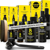 The Beard Club Advanced Beard Growth Kit - Derma Roller, Growth Oil, Vitamins and Vitamin Spray, Shampoo and Boar Bristle Brush - Gift Set - Cedar