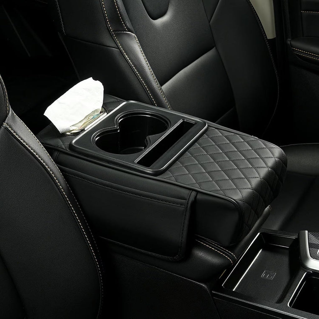 BNMFFYU Car Armrest Cushion Fit for Cadillac XT4: Fuax Leather Center Console Cover with Cup Holder, 2 Storage Bags, Pho