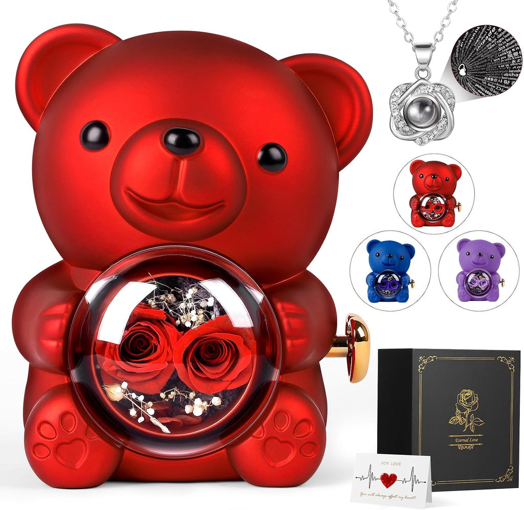 FuBegi Romantic Rose Bear Teddy with Preserved Rose for Mother's Day, Bear Gifts for Wife, Rose Bear Gift Box Set Valentine's Day Decor Gift for Her Women, Valentine's Day Weddings, Red