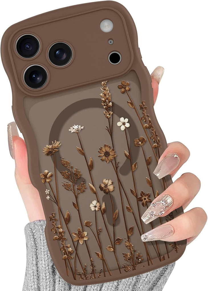 BITOBE Floral Magnetic Case for iPhone 17 Pro Max Curly Wave Edge - Brown