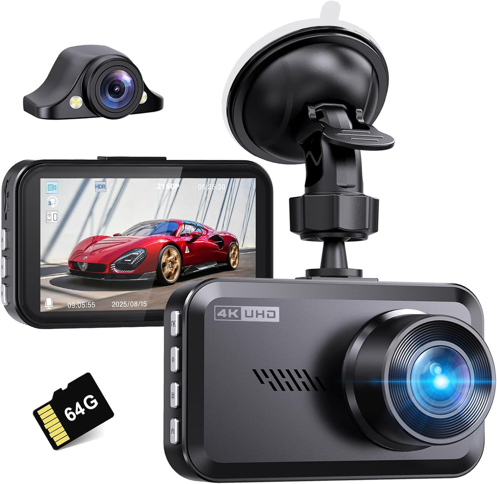 Miden 4K+2.5K Dash Cam Front and Rear,Free 64G SD Card,2160P+1600P UHD Dual Dash Camera for Cars,176°+160°Wide Angle,3.5