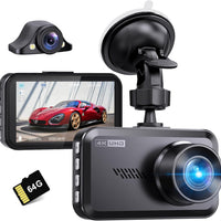 Miden 4K+2.5K Dash Cam Front and Rear,Free 64G SD Card,2160P+1600P UHD Dual Dash Camera for Cars,176°+160°Wide Angle,3.5