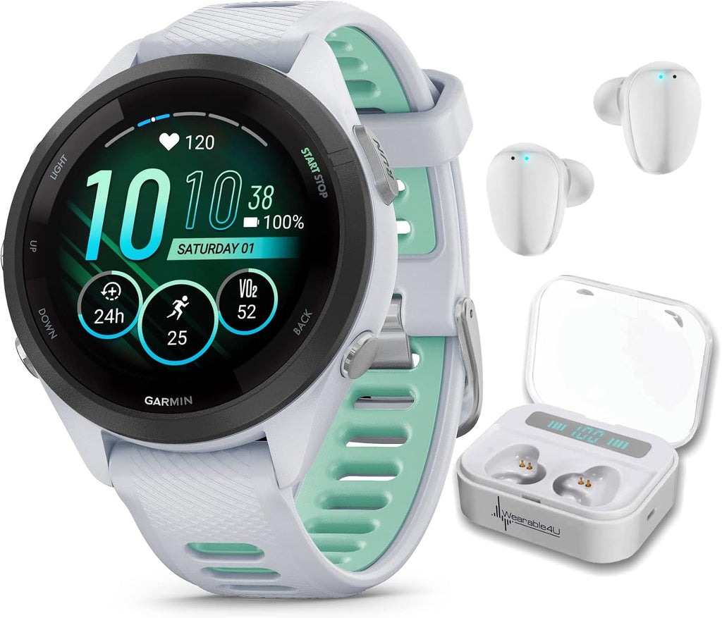 Wearable4U Garmin Forerunner 265S Music GPS Running 42 mm Smartwatch, Whitestone with AMOLED 1.1in Touchscreen Display White Earbuds Bundle, White +Wht EarBuds