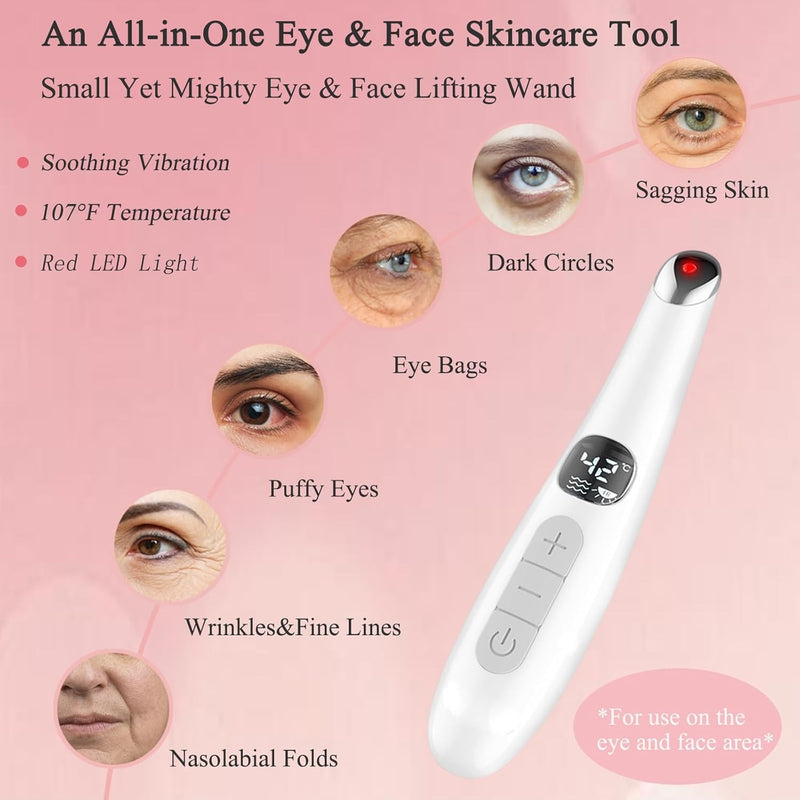 Vowleike Varita de Levantamiento de Ojos, 3 en 1 con Luz Roja Vibratoria 98°F a 113°F Pantalla LCD Masajeador de Ojos para Ojos Secos, Ojeras e Hinchazón, Eléctrico para Cara, Bolígrafo Escultor de