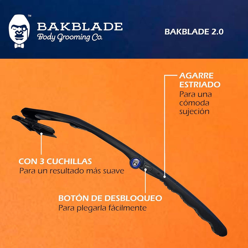 BAKblade 2.0 Plus – Depilador de espalda para Hombres – 2 cuchillas adicionales incluidas – fácil de usar, mango curvo para un afeitado sin dolor, afeitado mojado o seco