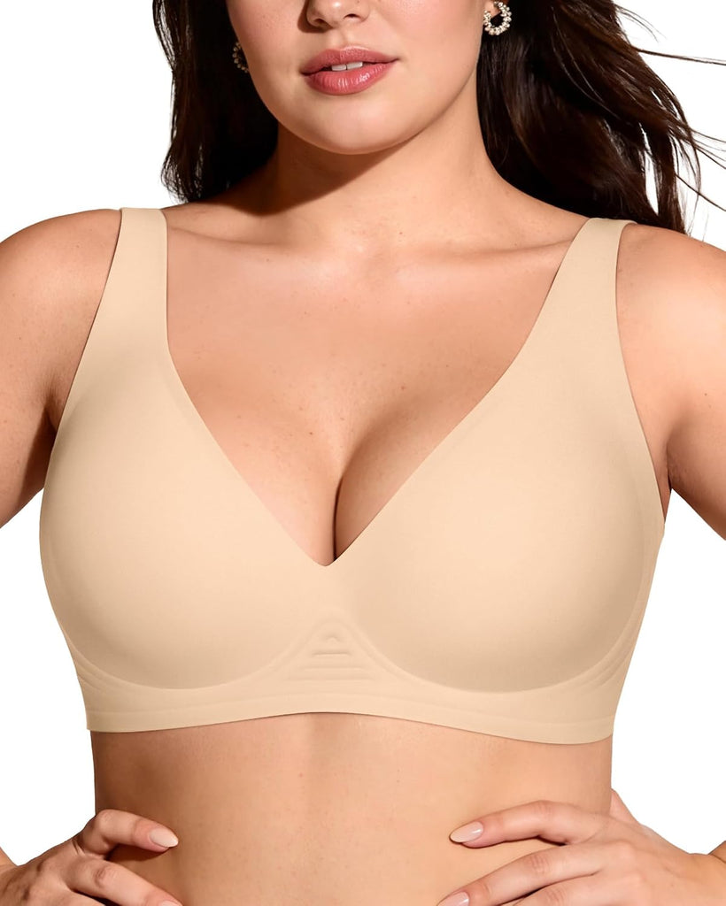 OEAK Womens Jelly Bras Wireless Deep V Comfy Push Up Tshirt Bras BGE L