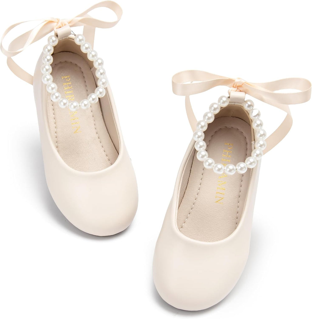 PHIRAMIN Toddler Flower Girl Faux Leather Beige Dress Shoes - Little Girl Ballet Flats Size 11 Pearl Wedding Party