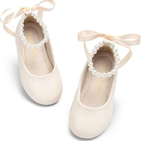 PHIRAMIN Toddler Flower Girl Faux Leather Beige Dress Shoes - Little Girl Ballet Flats Size 11 Pearl Wedding Party