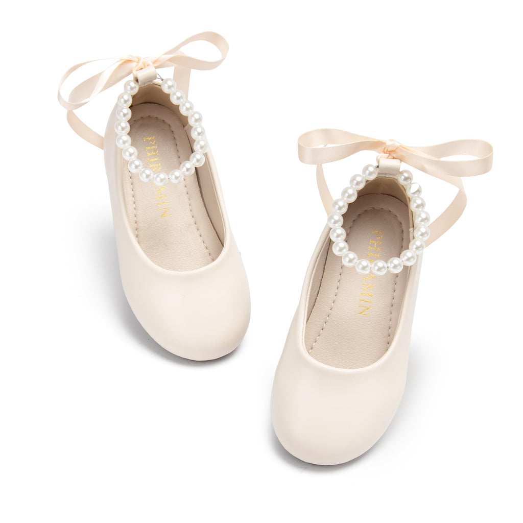 PHIRAMIN Toddler Flower Girl Faux Leather Beige Dress Shoes - Little Girl Ballet Flats Size 12 Pearl Wedding Party