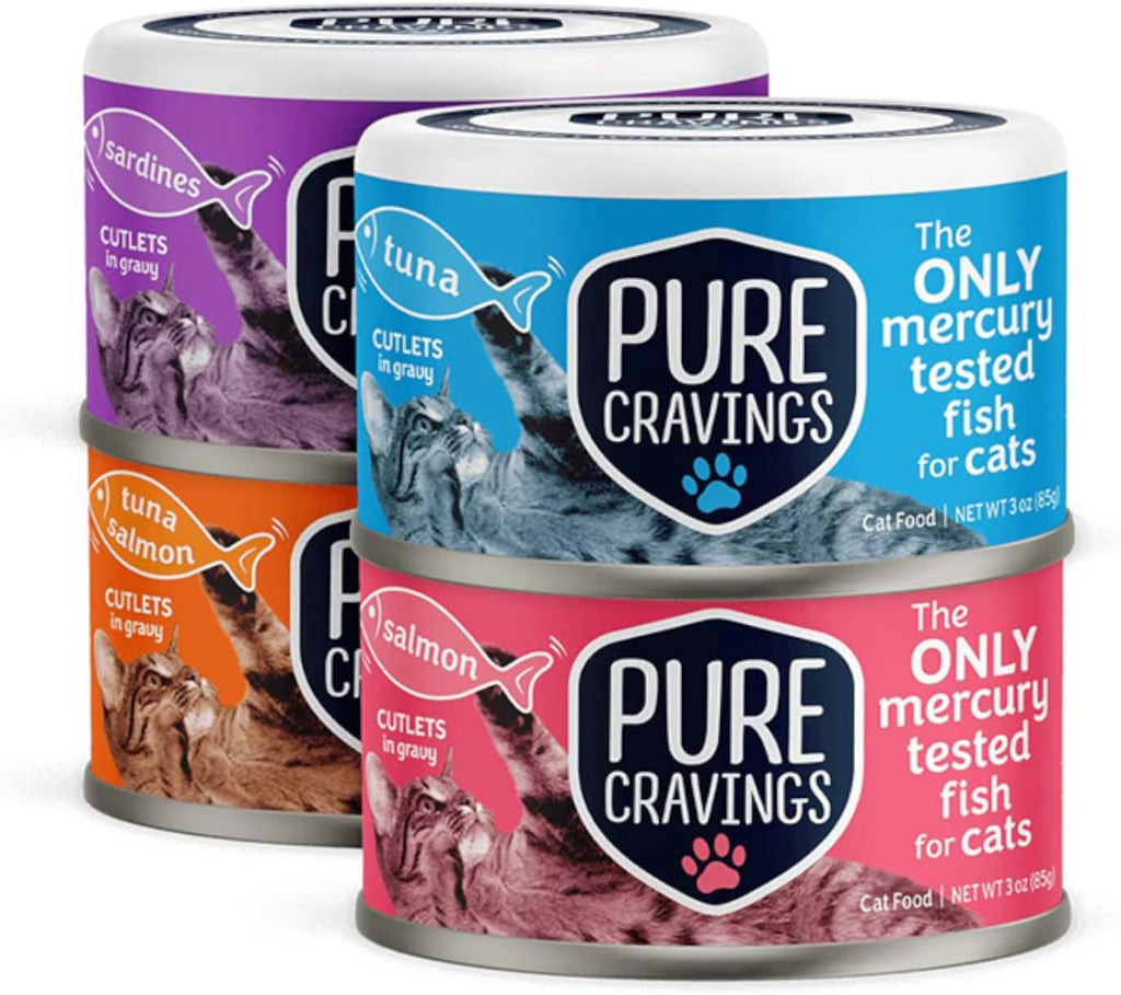 Pure Cravings Wet Cat Food Variety Pack Tuna, Salmon, Sardines, Tuna/Salmon in Gravy, 100% Mercury-Tested, Moist Can Fis
