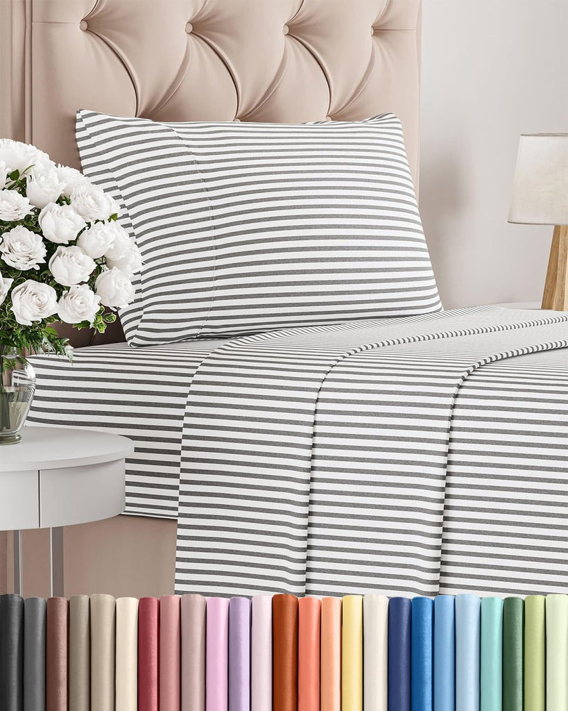 Twin Size 3 Piece Sheet Set - Breathable & Cooling Sheets - Grey Stripes