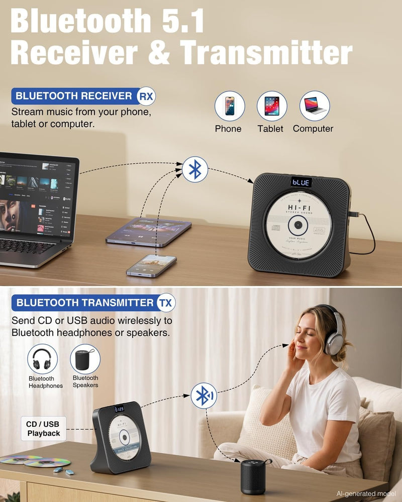MEGATEK Portable CD Player with Bluetooth RX/TX, FM Radio & USB - Black
