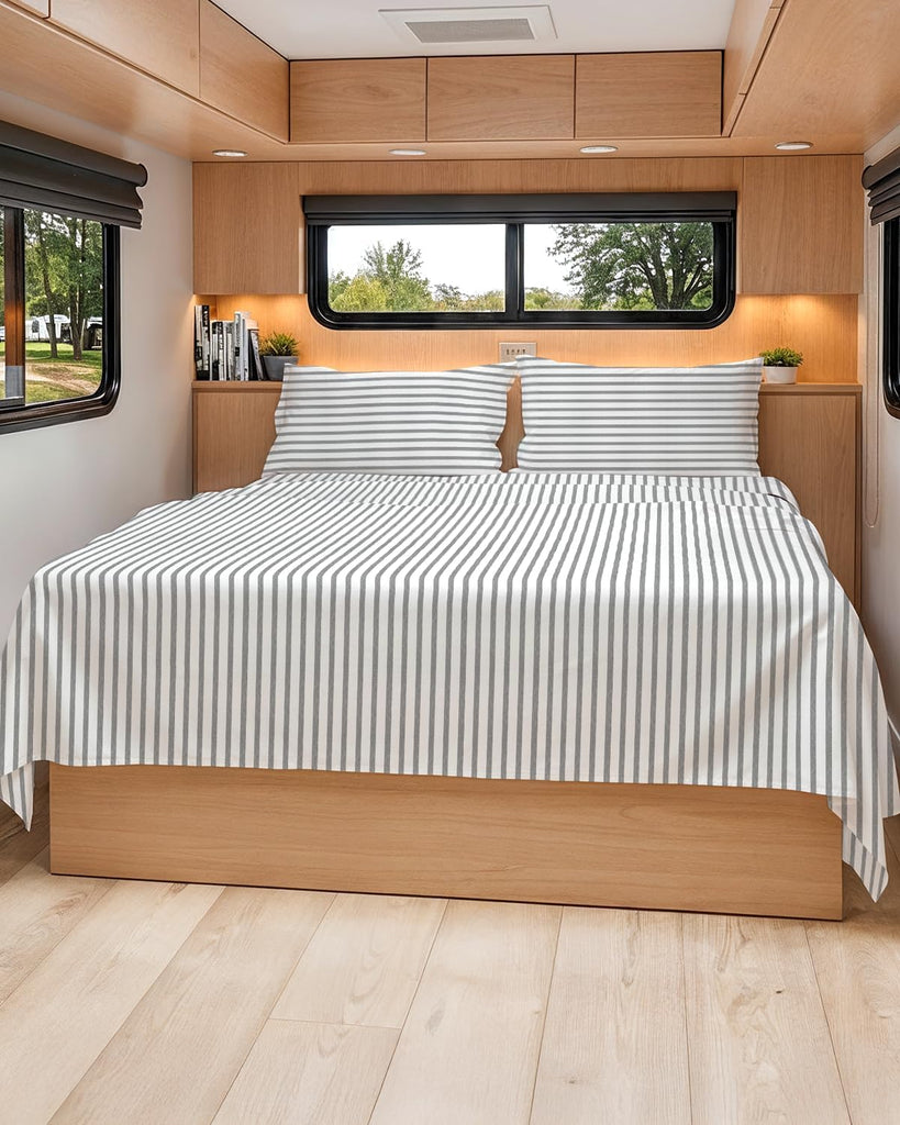 Short Queen Size 4 Piece Bed Sheet Set - RV Short Queen - Grey Stripes
