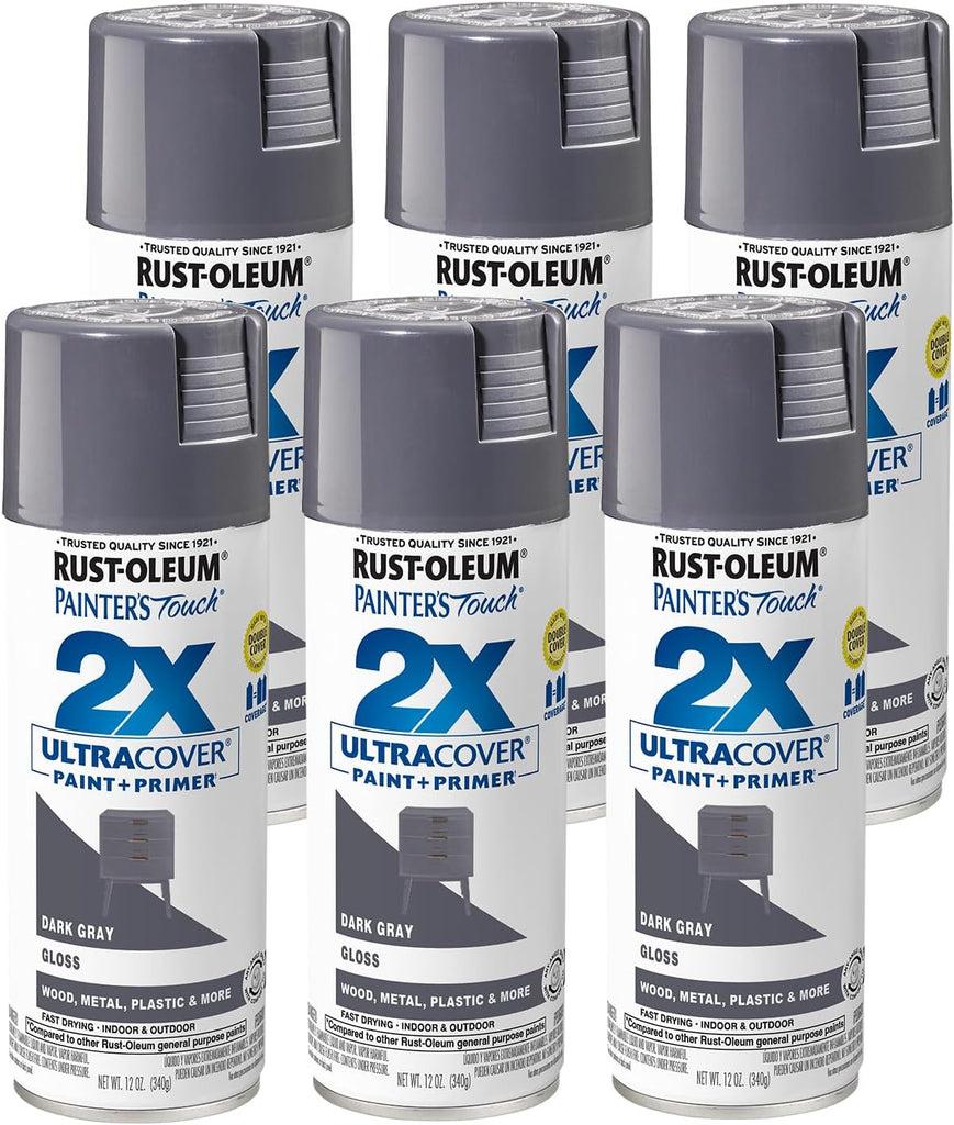 Rust-Oleum 334031-6PK Painter's Touch 2X Ultra Cover Spray Paint, 12 oz, Gloss Dark Gray, 6 Pack