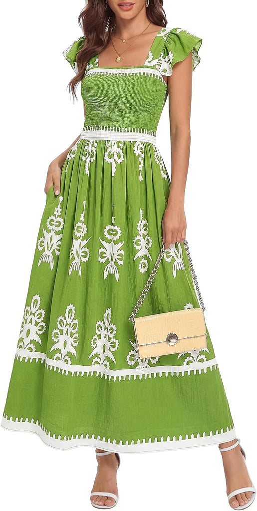 BTFBM Summer Dresses for Women 2026 Casual Floral Boho Sleeveless Square Neck A Line Flowy Beach Maxi Sundress Pockets(G